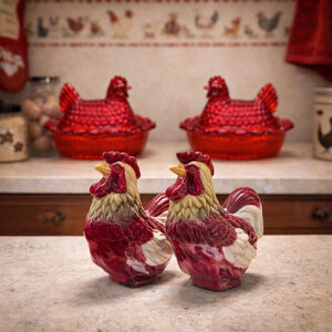 Vintage Ceramic Rooster Salt & Pepper Shakers Farmhouse Country Kitchen DecorA
